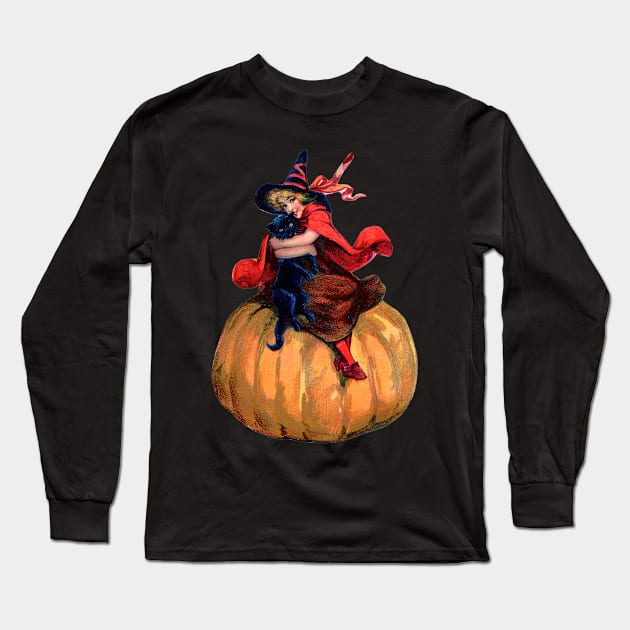 vintage halloween witch and black cat on pumpkin Long Sleeve T-Shirt by meganellyse